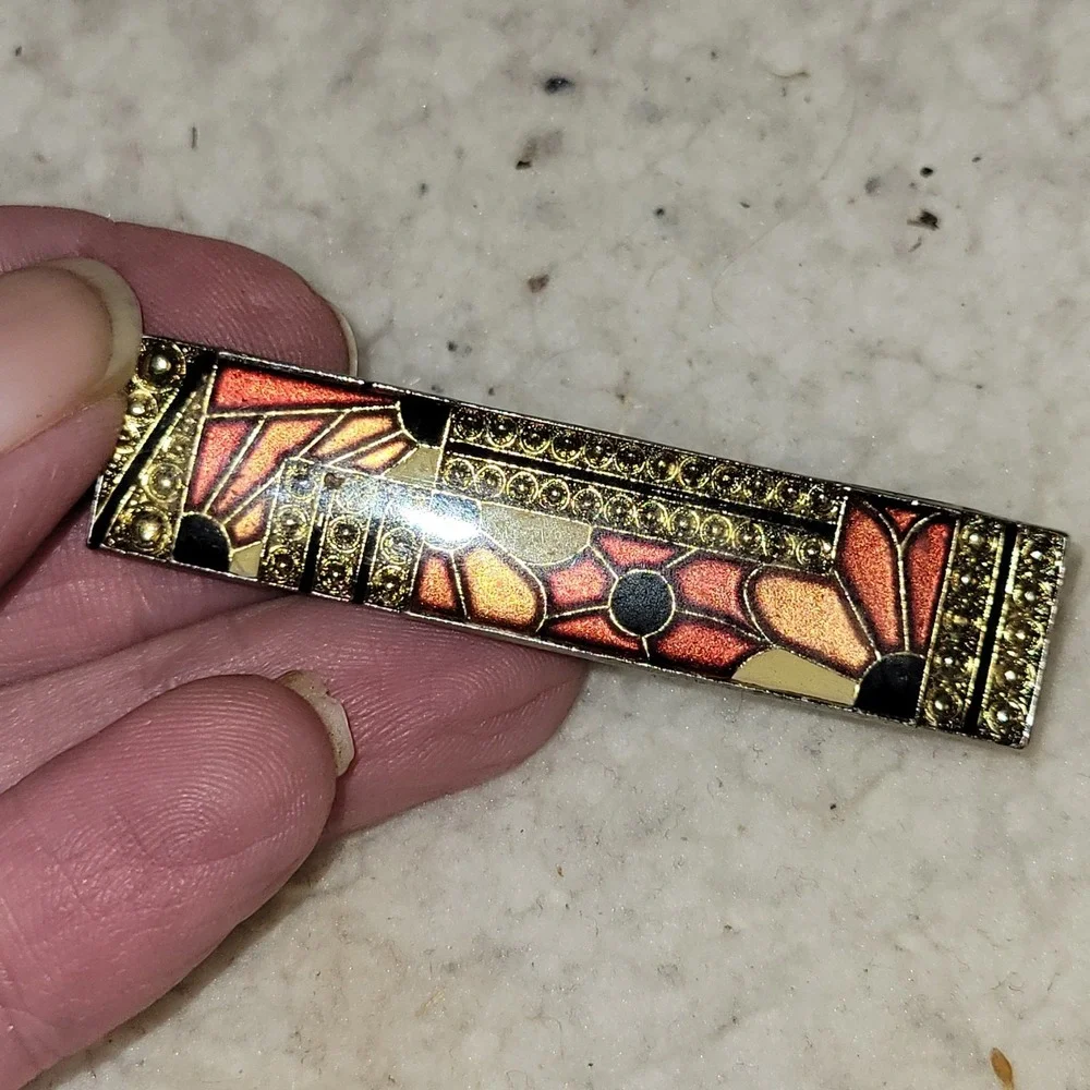 Vintage Art Deco Style Enamel Bar Brooch Gold‎ Tone Black Rust Orange...